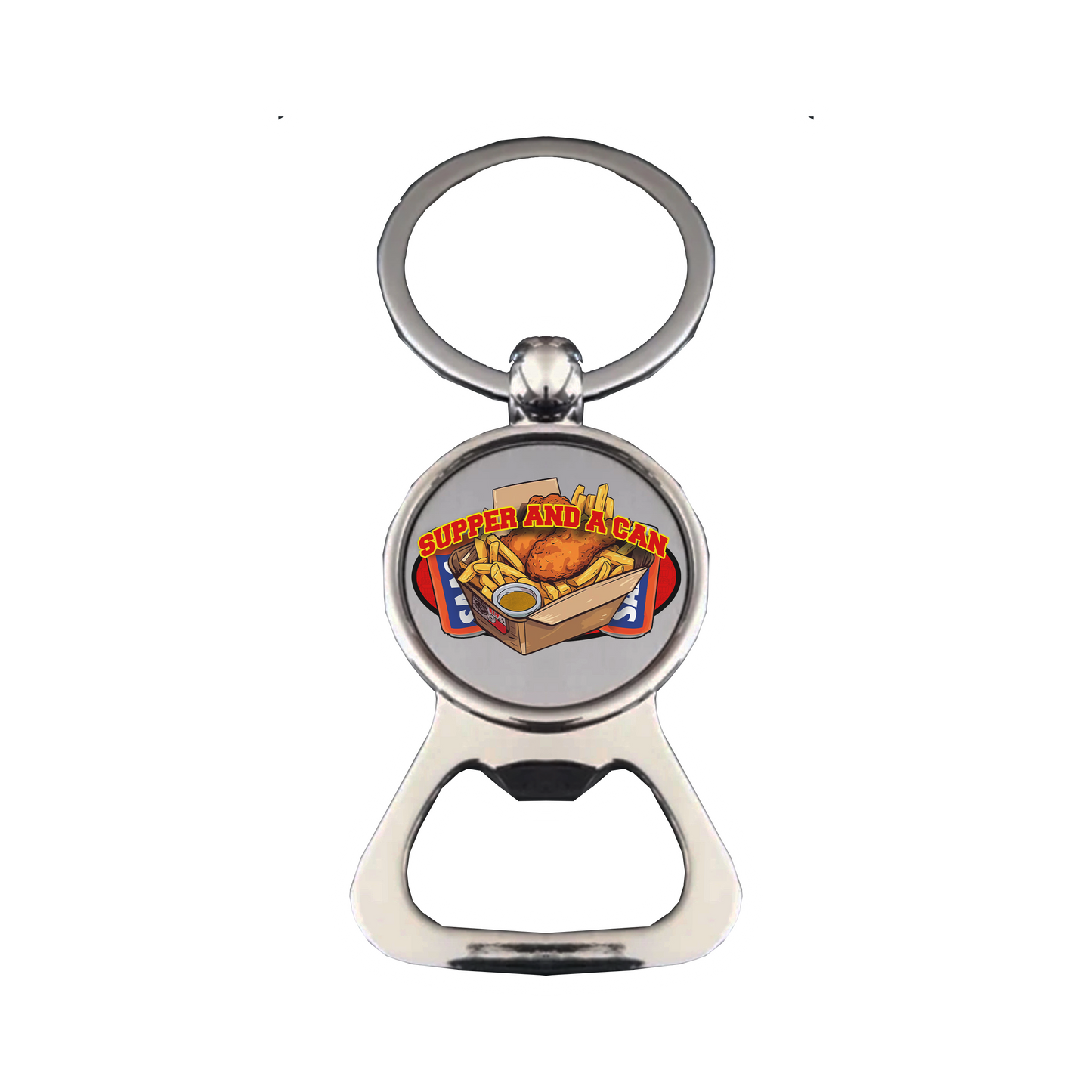 Supper and a Can keychain with bottle opener